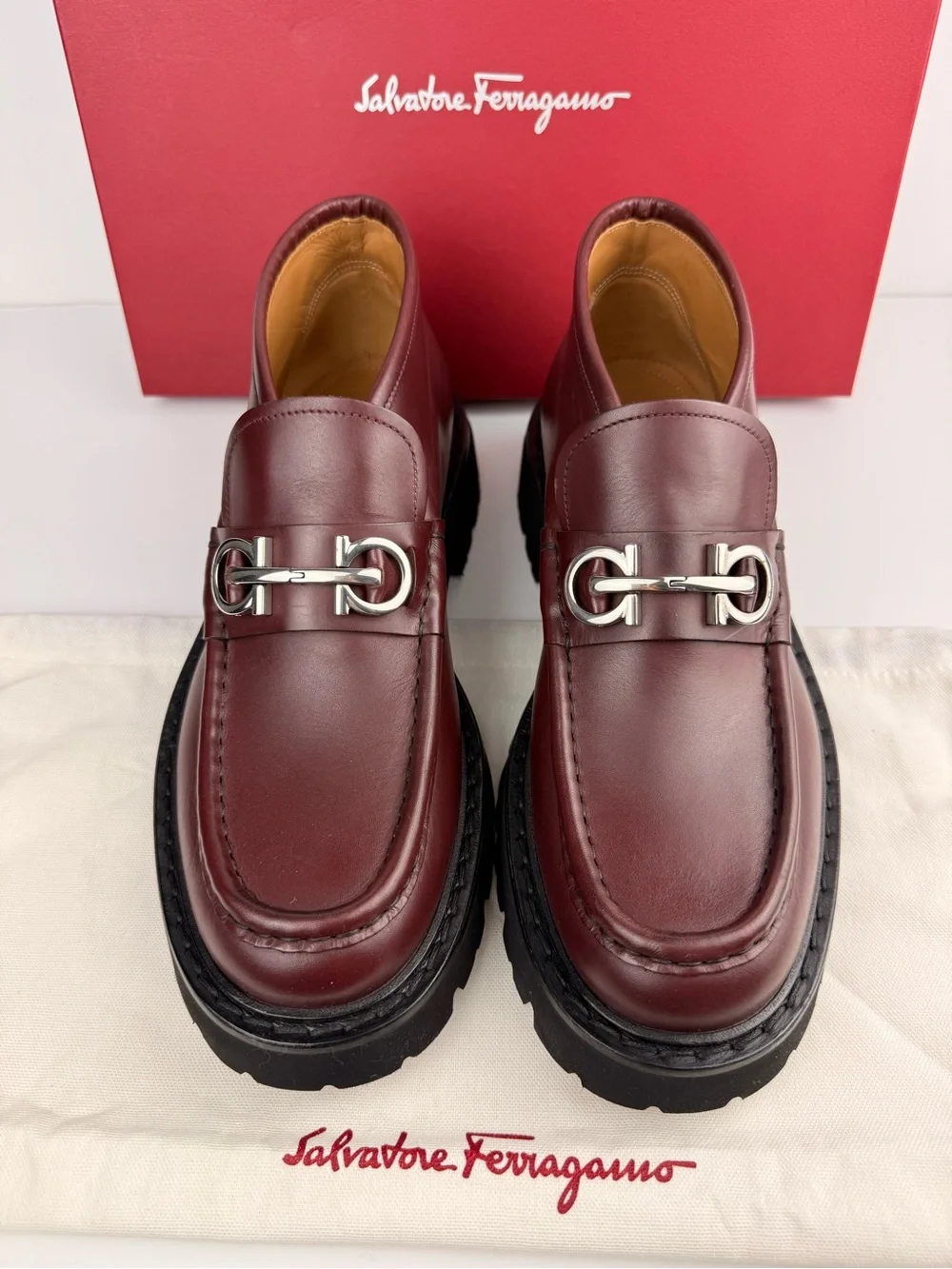Salvatore Ferragamo Men’s Geffer 2 Gancini Leather Lug Sole Ankle Loafers 9.5M